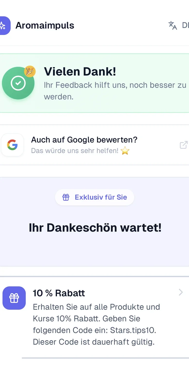 Dankeschön und hinterlegtes Angebot nach dem Feedback