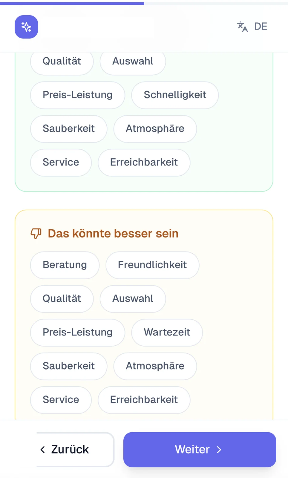 Bewertung am Smartphone: vordefinierte Kategorien statt leerem Textfeld