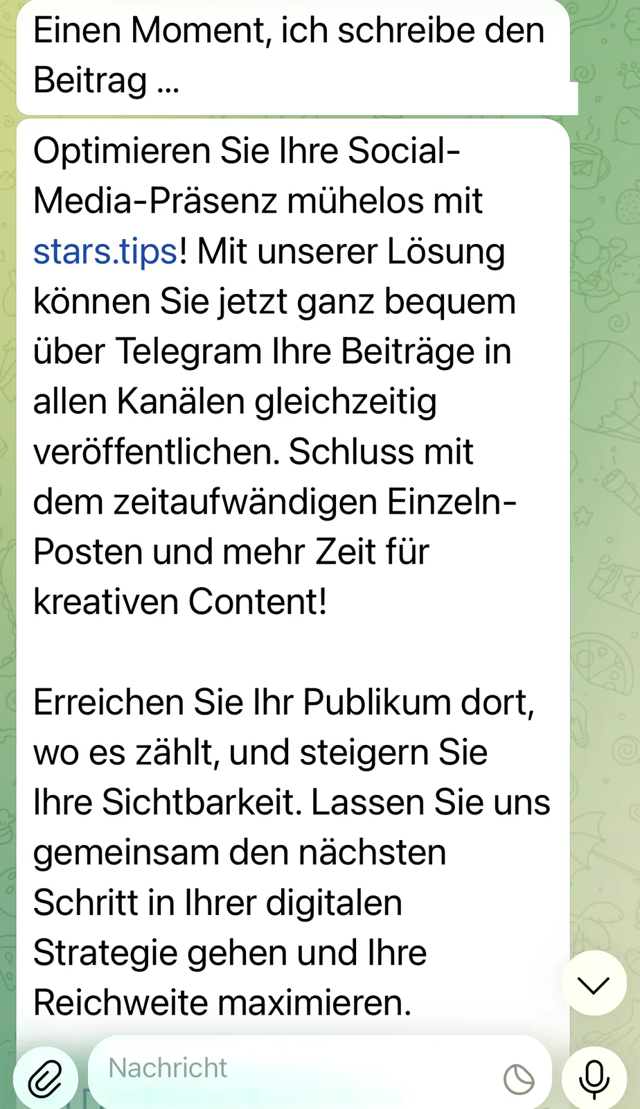 Fertiger Beitrag kommt per Telegram zurück